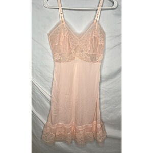 Pink Nylon Slip Chemise Ruffled Lace Hem Size XS Knee Length Vintage 50s 60s